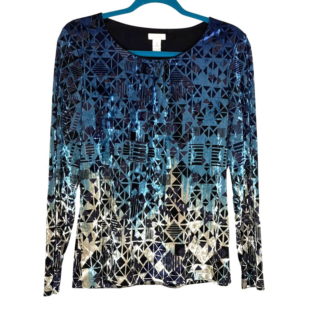 Chicos Velvet Burnout Knit Top Blouse Shirt Hombre Blue 1 US M